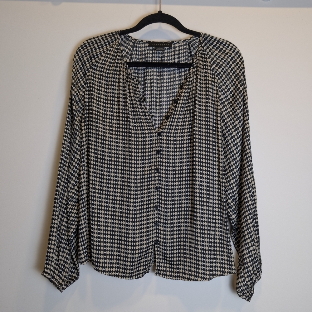 Sanctuary Black Tan White Geometric Button Down V-Neck Blouse Size Large
